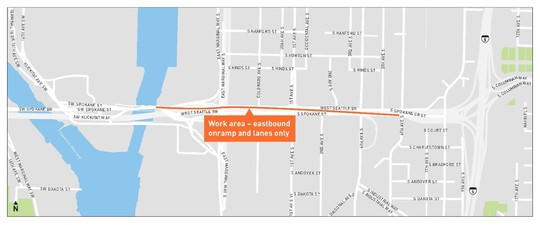 On Saturday and Sunday, we’ll close the on-ramp from eastbound SW Spokane St to the Spokane St Viaduct as we work to fill potholes. 