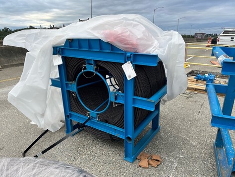 A spool of steel cable that will be threaded through the West Seattle Bridge’s newest post-tensioning system. 