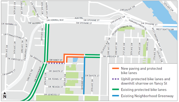 Map showcasing the paving and bike lane location on SW Andover Street and SW Yancy Street