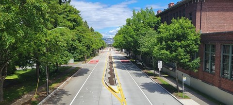 Delridge Way SW viewed from above, showing new red bus lanes and repaved streets