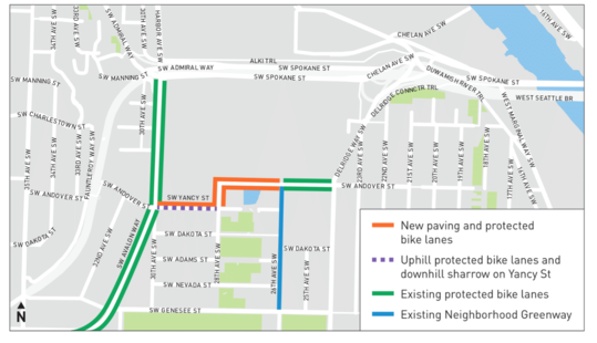 Map showcasing the new and existing protected bike lanes