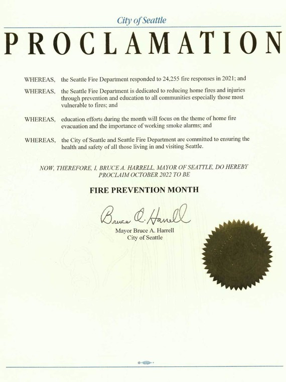 City of Seattle Proclamation for October to be Fire Prevention Month
