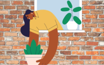 An illustration of a a person with brown skin leaning out of a window in a brick building picking up a potted plant