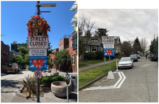 Examples of Healthy Street signs in downtown Seattle (left) and Greenwood (right). 