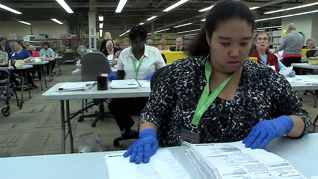 An election worker examines ballots