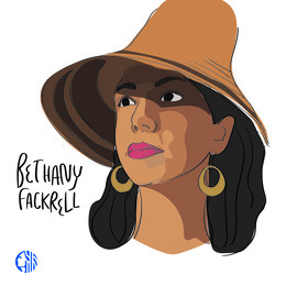 Illustration of a headshot of a Native American woman wearing a hat an earrings. Text reads "Bethany Fackrell"