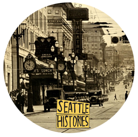 A vintage shot of Pike Street featuring a number of large street clocks and a logo that reads "Seattle Histories"