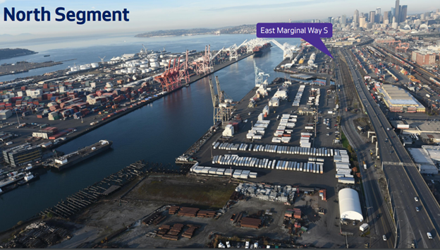 East Marginal Way viewed from above with arrow showing North Segment