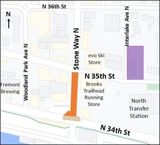 The map shows the closure on Stone Way N between N 34th St and N 35th St. 