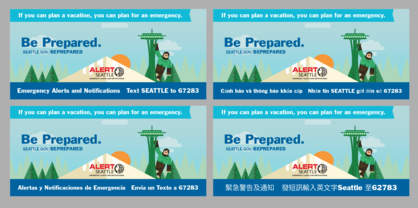 Billboard poster of sasquatch hanging from Seattle Space needle to promote signing up for emergency alerts at alert.seattle.gov