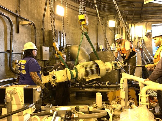 We are installing new components for the hydraulic pump system that powers the rotation of the bridge.