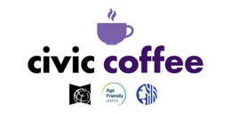 Graphic image in purple showing a hot steaming beverage and the word Civic Coffee with HSD and Seattle Public Library logos underneath