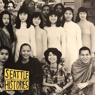 A black and white photo of a diverse group of students from the mid 90s.