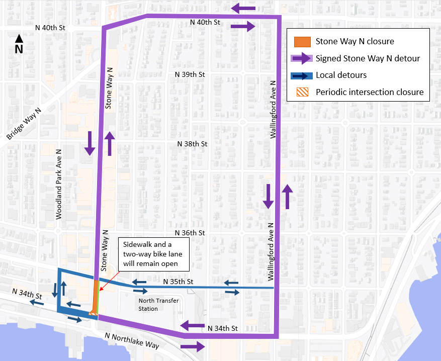 This map shows the full Stone Way N closure that will be in place as early as January 30, 2023.