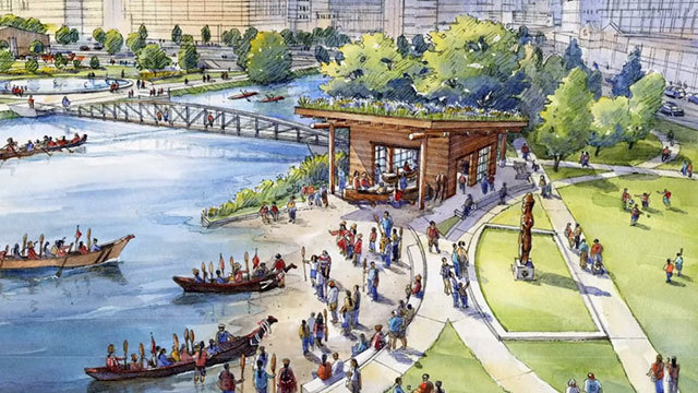 Rendering of new canoe center on the shores of Lake Union