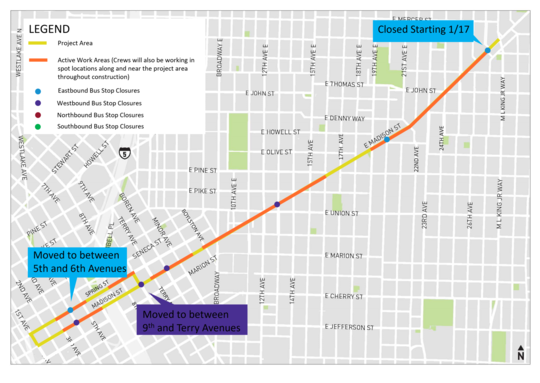 A map showing current work areas and bus stop closures and relocations