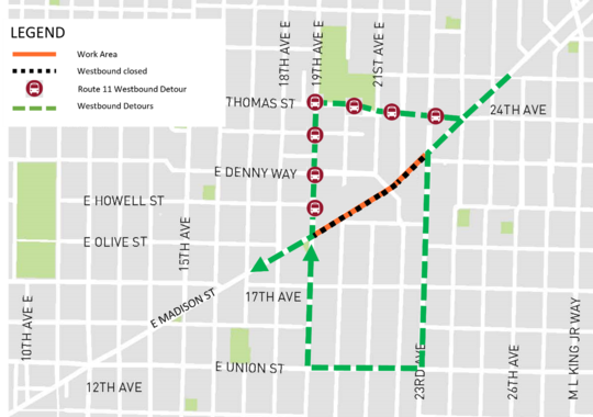 Map of  Westbound E Madison St closure between 19th and 23rd Avenues. 