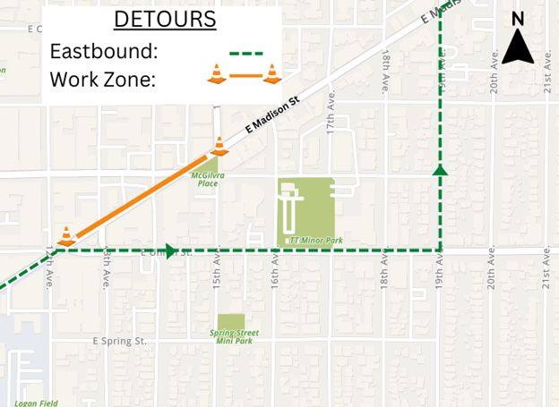 Map of Eastbound E Madison St closure between 12th and 19th Avenues. 