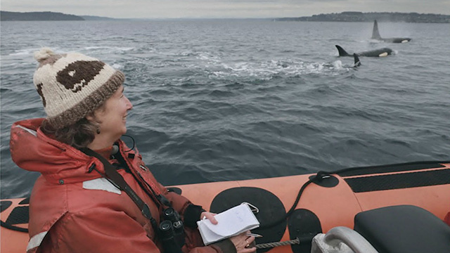Author Lynda V. Mapes in a boat, holding a notebook and pen, watching orcas pass by