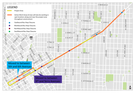 A map showing current work areas and bus stop closures and relocations