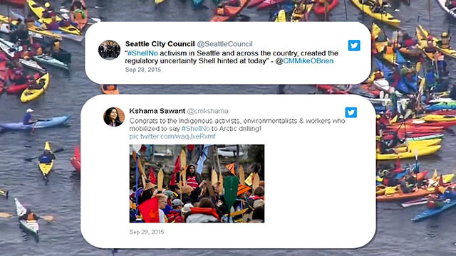 Kayakers gather in the water with two Twitter posts overlayed on the image