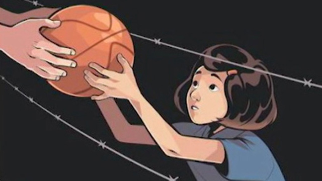 Graphic novel image of a girl reaching for a basketball through barbed wire