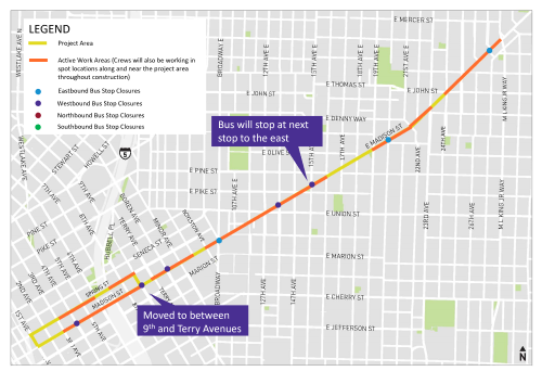 Map of the project area showing active work zones and bus stop closures/relocations