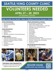 Seattle/King County Clinic flyer for Volunteers Needed April 27-30, 2023 - Register Online at SeattleCenter.org/Volunteers