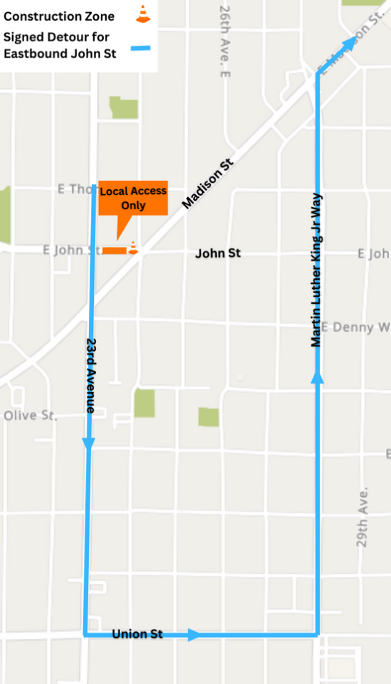 Weekend construction is taking place at the intersection of John St and 24th Ave. Detour is in place.