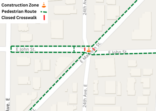 Weekend construction is occurring in the intersection of John St and 24th Ave. Pedestrians will be detoured