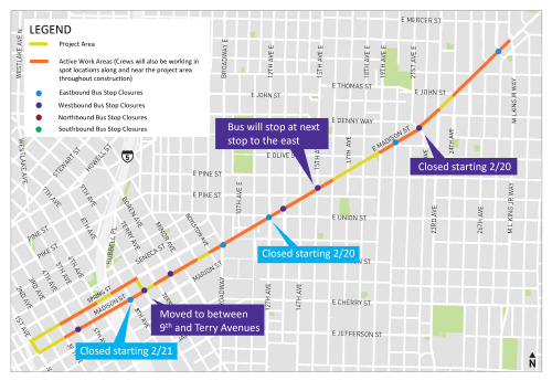 A map showing current work areas and bus stop closures and relocations