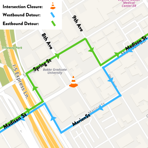 Weekend construction is taking place at the intersection of Madison St and 8th Ave and drivers will be detoured