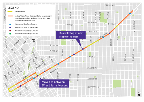 Map of the project area showing active work zones and bus stop closures/relocations. 