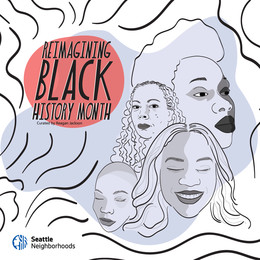 Illustration of four faces of Black women surrounded by curved lines and next to the words "Reimagining Black History Month-curated by Reagan Jackson"