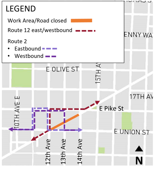 (Above) Madison St is closed between 12th and 14th Avenues. Bus service has changed.