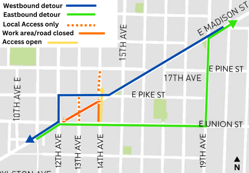 Madison St is closed between 12th and 14th Avenues. 