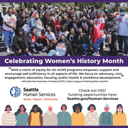 Social media vector graphic promoting Women's History Month with photo of Urban League volunteers and a quote from Michelle Meriweather