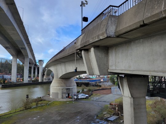 A photo of the east side of the Spokane St Swing Bridge.