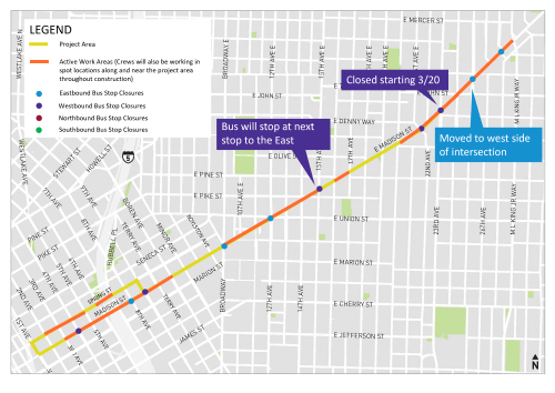 Map of the project area showing active work zones and bus stop closures/relocations. 