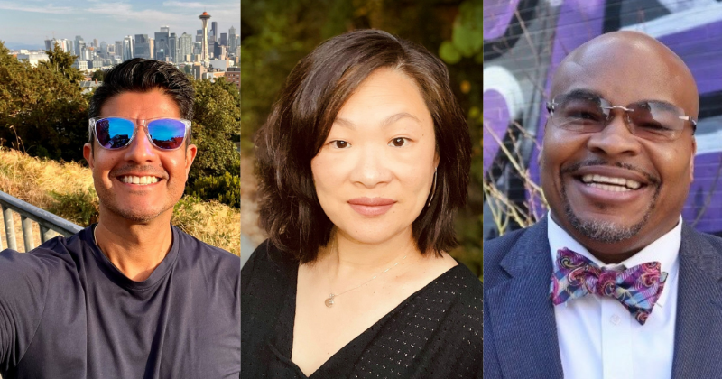 Headshots of AP Diaz, Tanya Kim, and Derrick Wheeler-Smith