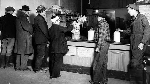 Seattleites line up for provisions at a Great Depression depot in Wallingford