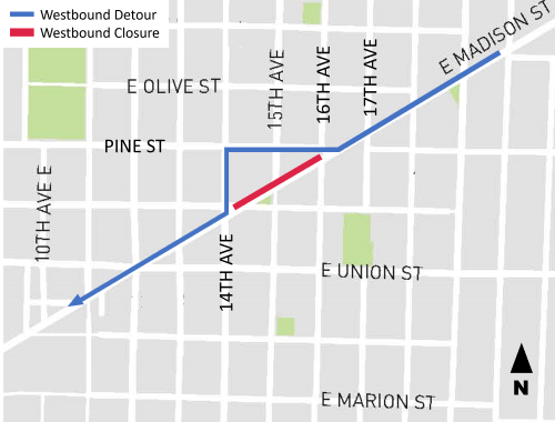 Westbound Madison St is closed between 14th and 16th Avenues. 