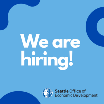 'OED is hiring' blue graphic flyer