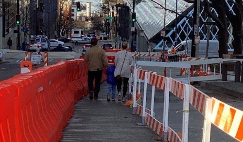 Family uses pedestrian detour