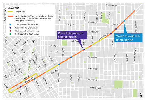 Map of the project area showing active work zones and bus stop closures/relocations.