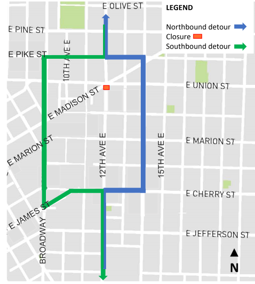 South side of 12th Ave at Madison is closed. 