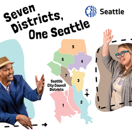 An illustration with the cutout of a man waving and a woman waving back. Text reads "Seven districts, One Seattle" 