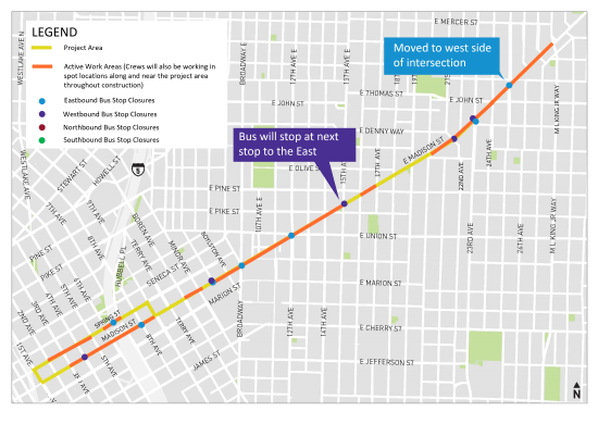 Map of the project area showing active work zones and bus stop closures/relocations. 