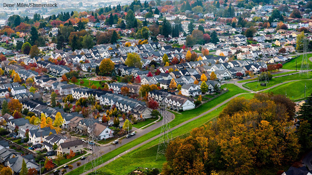 Stock image of grassy lawn and densely populated neighborhood