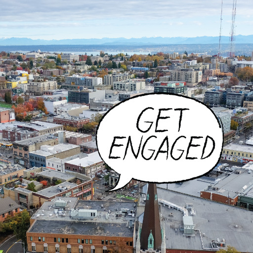 An aerial view of Seattle with a voice bubble that says "Get Engaged." 